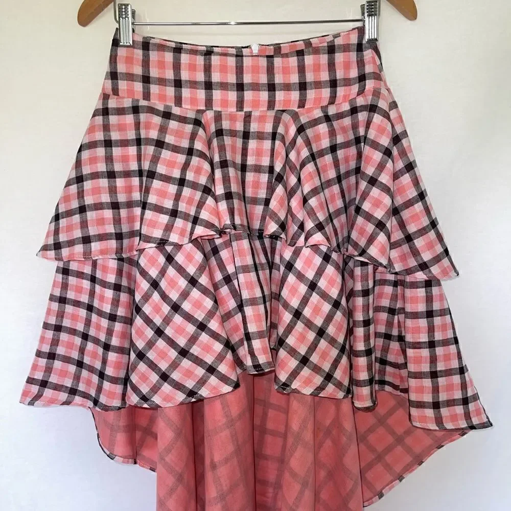 Coral Plaid High Low Skirt